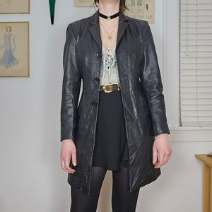 Vintage 90s y2k Long Black Leather Jacket Blazer Button Up Wison's Size Small